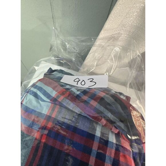 Old‎ Navy Shirt Mens Button Down Medium Slim Fit Red Blue Plaid Short Sleeve - Picture 8 of 9